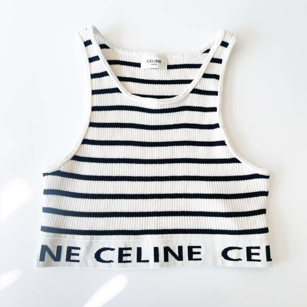 CELINE Paris Striped Knit Crop Tank Top – Black & White Logo Trim XS / S 6